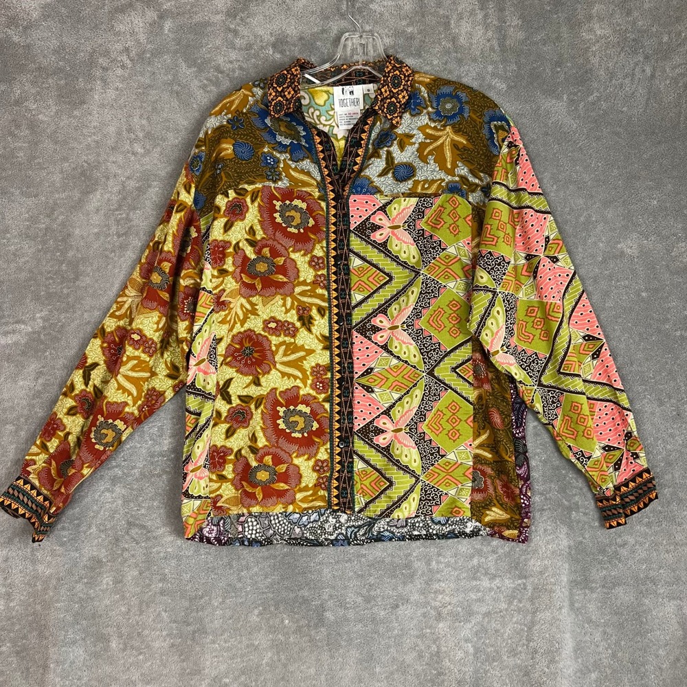 Vintage Together Button Down Shirt Womens S Patchwork Maximalist Boho Artsy
